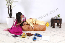 Load image into Gallery viewer, Turquoise Genuine Leather Hand Stitched Ottoman Pouf