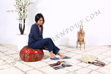 Load image into Gallery viewer, Brown & red Leather Ottoman Pouf