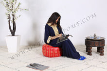 Load image into Gallery viewer, Orange Leather Ottoman yellow stitching Pouf