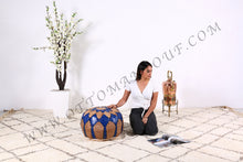 Load image into Gallery viewer, Natural Tan & Blue Leather Pouf