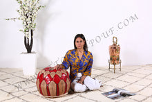 Load image into Gallery viewer, Natural Tan & Red Leather Pouf