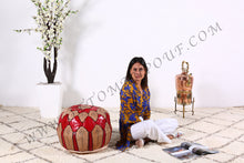 Load image into Gallery viewer, Natural Tan & Red Leather Pouf
