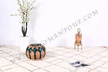 Load image into Gallery viewer, Natural Tan & Green Leather Pouf