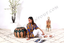 Load image into Gallery viewer, Natural Tan & Green Leather Pouf