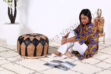 Load image into Gallery viewer, Natural Tan & Black Leather Pouf