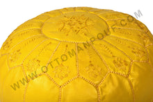Load image into Gallery viewer, Hand Stitched Leather Mustard Yellow Ottoman Pouf
