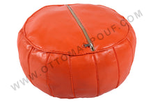 Load image into Gallery viewer, Orange Leather Ottoman yellow stitching Pouf