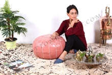 Load image into Gallery viewer, Peach Pink Moroccan Leather Round Pouf