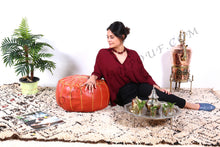 Load image into Gallery viewer, Orange Leather Ottoman yellow stitching Pouf