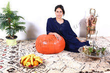 Load image into Gallery viewer, Orange Leather Ottoman yellow stitching Pouf