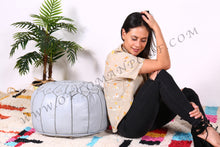 Load image into Gallery viewer, Handmade Leather Gray Ottoman Stitched Pouf