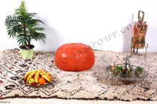 Load image into Gallery viewer, Orange Leather Ottoman yellow stitching Pouf