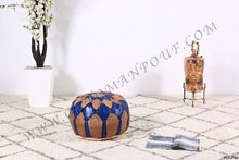Load image into Gallery viewer, Natural Tan & Blue Leather Pouf