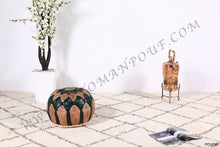 Load image into Gallery viewer, Natural Tan & Green Leather Pouf