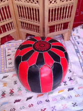 Load image into Gallery viewer, Red & black combination on hand stitch large Leather Pouf