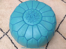 Load image into Gallery viewer, Turquoise Genuine Leather Hand Stitched Ottoman Pouf on sale