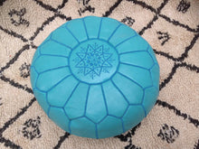Load image into Gallery viewer, Turquoise Genuine Leather Hand Stitched Ottoman Pouf on sale