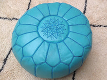 Load image into Gallery viewer, Turquoise Genuine Leather Hand Stitched Ottoman Pouf on sale