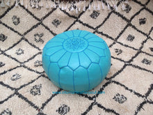 Load image into Gallery viewer, Turquoise Genuine Leather Hand Stitched Ottoman Pouf on sale