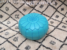 Load image into Gallery viewer, Turquoise Genuine Leather Hand Stitched Ottoman Pouf on sale