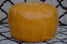 Load image into Gallery viewer, Hand Stitched Leather Mustard Yellow Ottoman Pouf