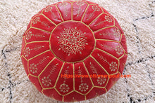 Load image into Gallery viewer, Orange Leather Ottoman yellow stitching Pouf