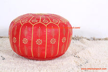 Load image into Gallery viewer, Orange Leather Ottoman yellow stitching Pouf