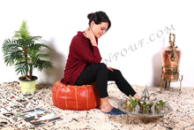 Load image into Gallery viewer, Orange Leather Ottoman yellow stitching Pouf
