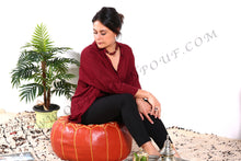 Load image into Gallery viewer, Orange Leather Ottoman yellow stitching Pouf
