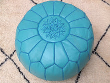 Load image into Gallery viewer, Turquoise Genuine Leather Hand Stitched Ottoman Pouf on sale
